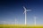 Several wind turbines stand prominently in a vast field of yellow flowers, under a clear blue sky. The turbines have tall white towers and blades with red tips, evenly spaced across the landscape, capturing the sense of clean energy in nature.