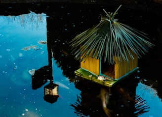 A serene pond with a small, thatched-roof structure floating on the water, surrounded by clear reflections of the sky and surrounding trees. Beneath the surface, koi fish swim gracefully, adding life to the tranquil scene.