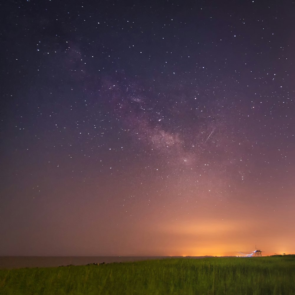 green grass field under galaxy