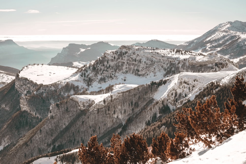 bird's-eye view of snow covered mountain under clear blue sky