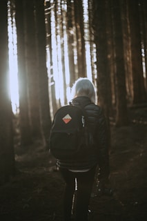 A person with a backpack walks through a forest with tall trees, illuminated by the soft golden light filtering through the tree trunks. The scene captures a serene and contemplative moment, evoking a sense of quiet exploration.
