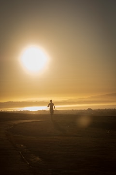 A person jogging in a scenic park at sunrise.