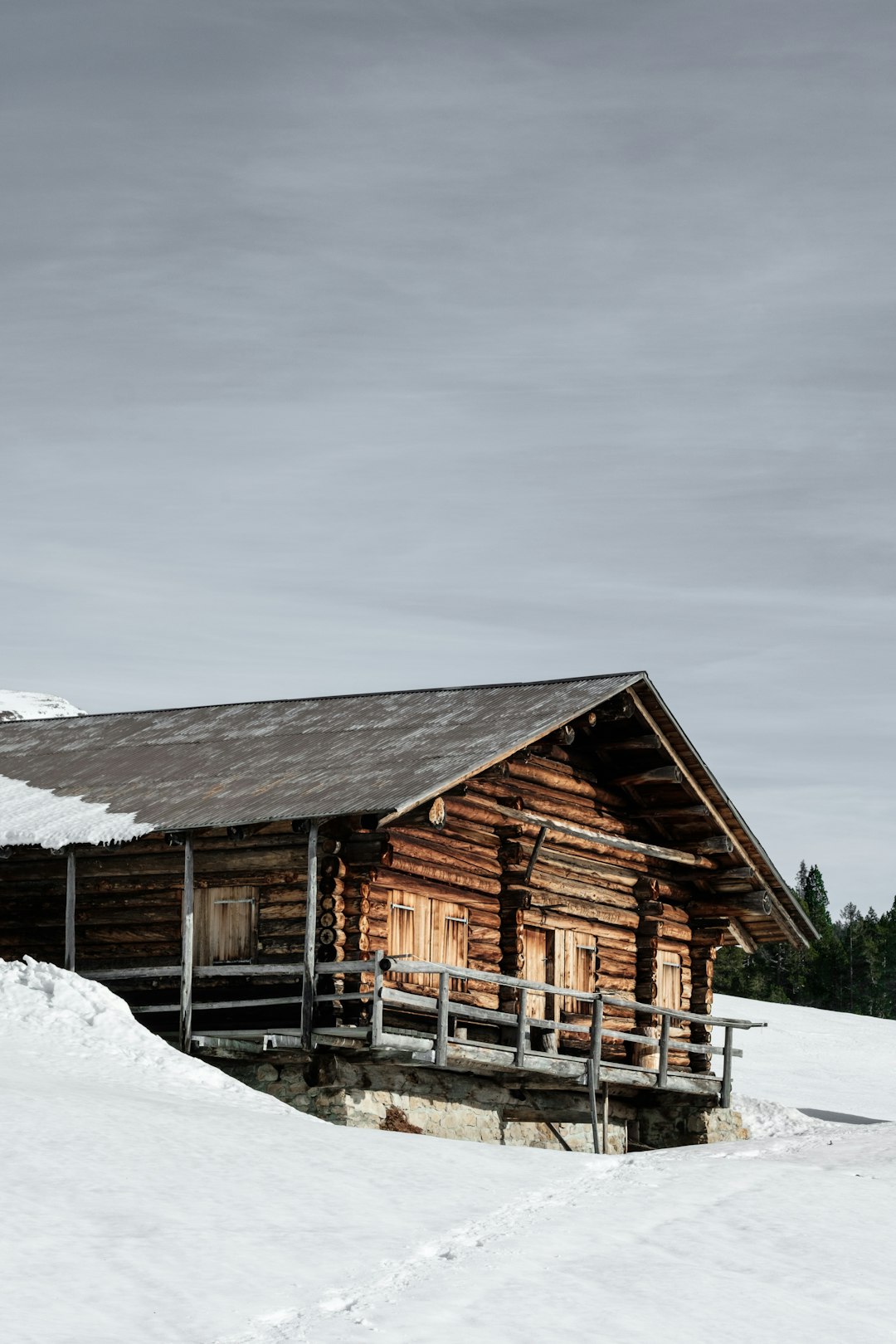 brown shack surrounded snow