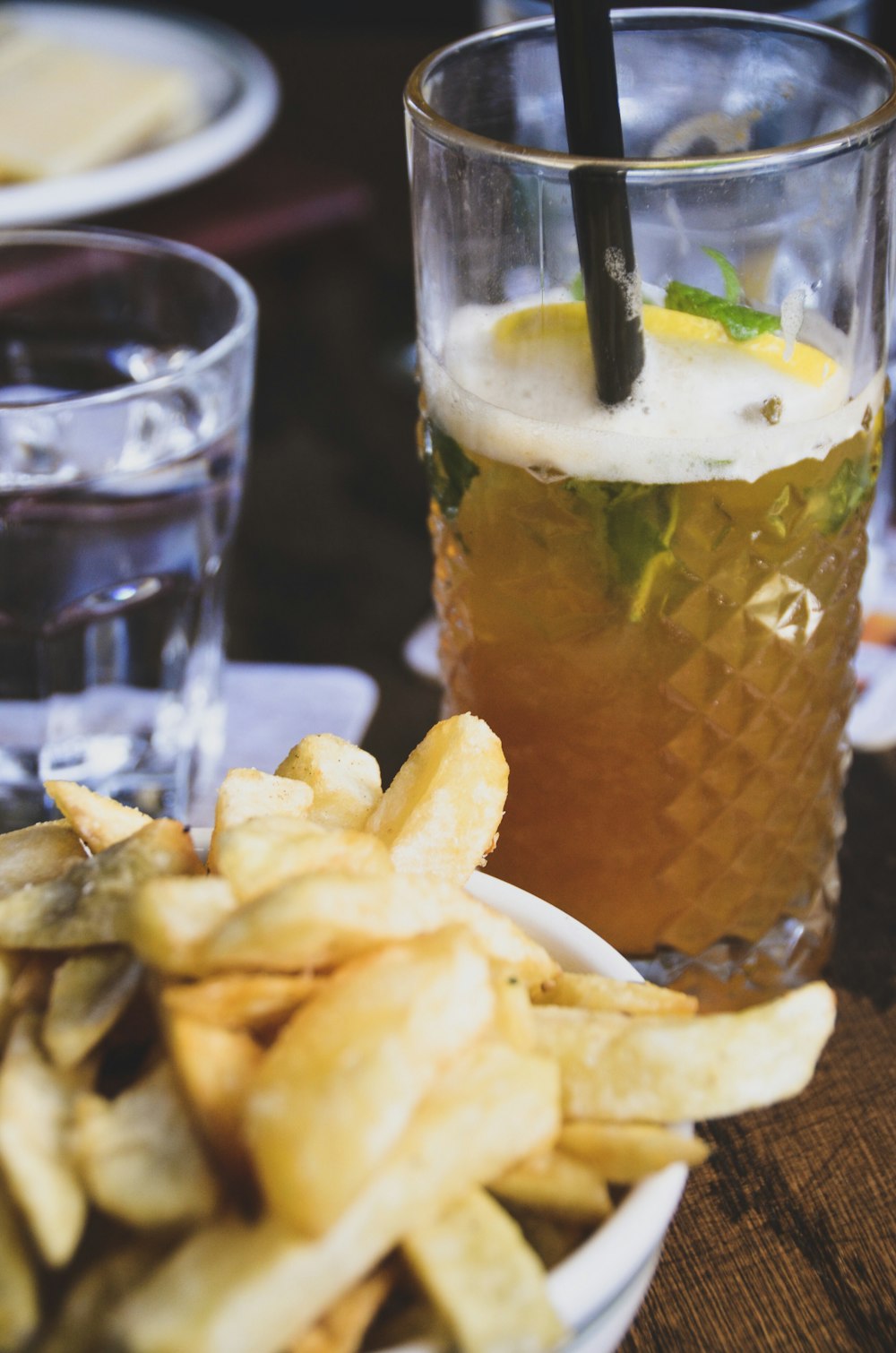 french fries and glass of juice