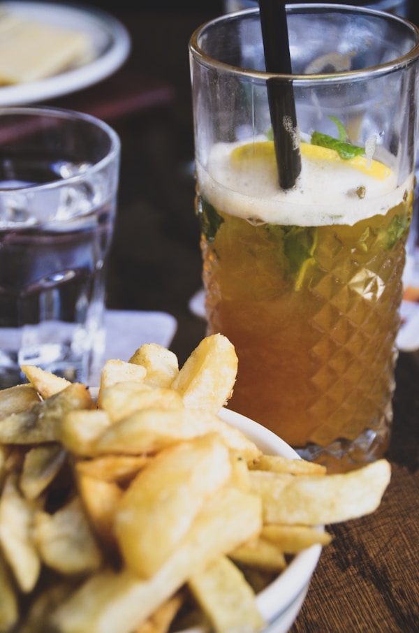 French fries and glass of juice