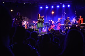 A vibrant live concert scene with musicians performing on stage under blue and purple lighting. The central figure appears to be a singer, surrounded by an ensemble including a guitarist, keyboardist, and several string instrument players. The audience is visible in the foreground, silhouetted against the stage lights.