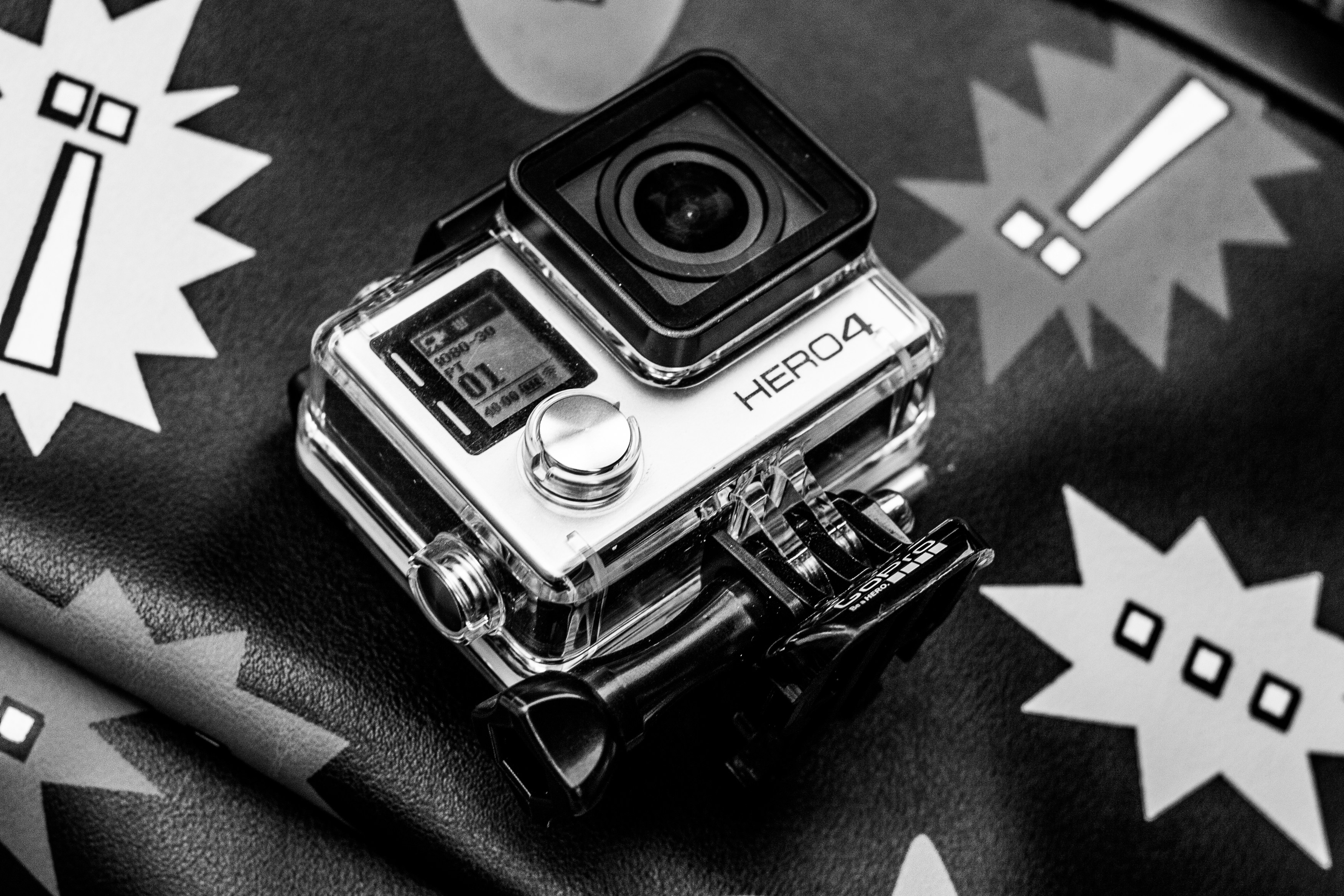 grayscale photo of Go PRO HERO4 action camera