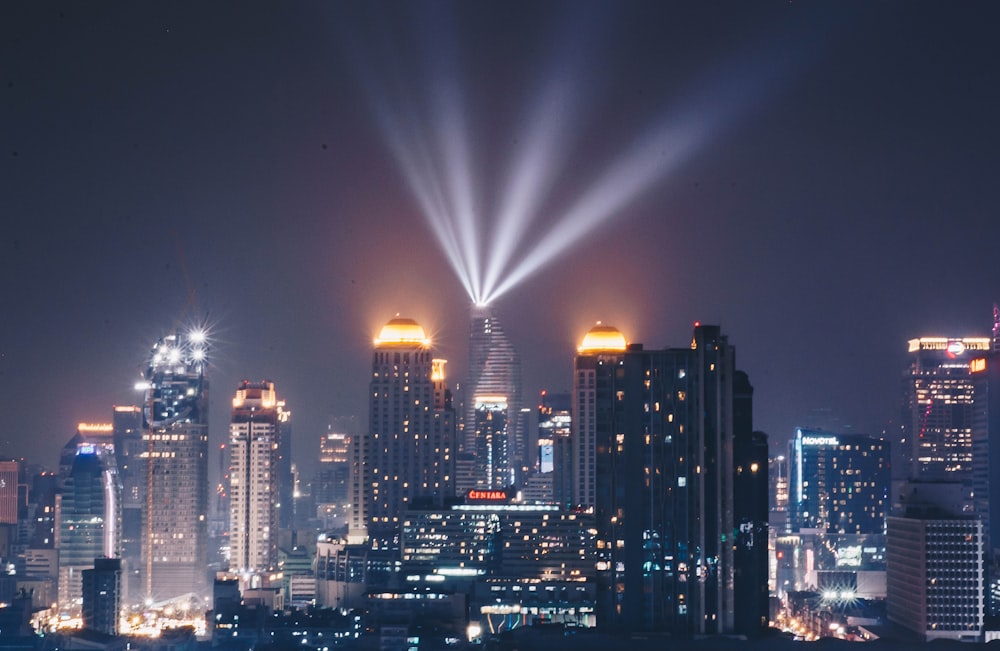 city high-rise buildings at night