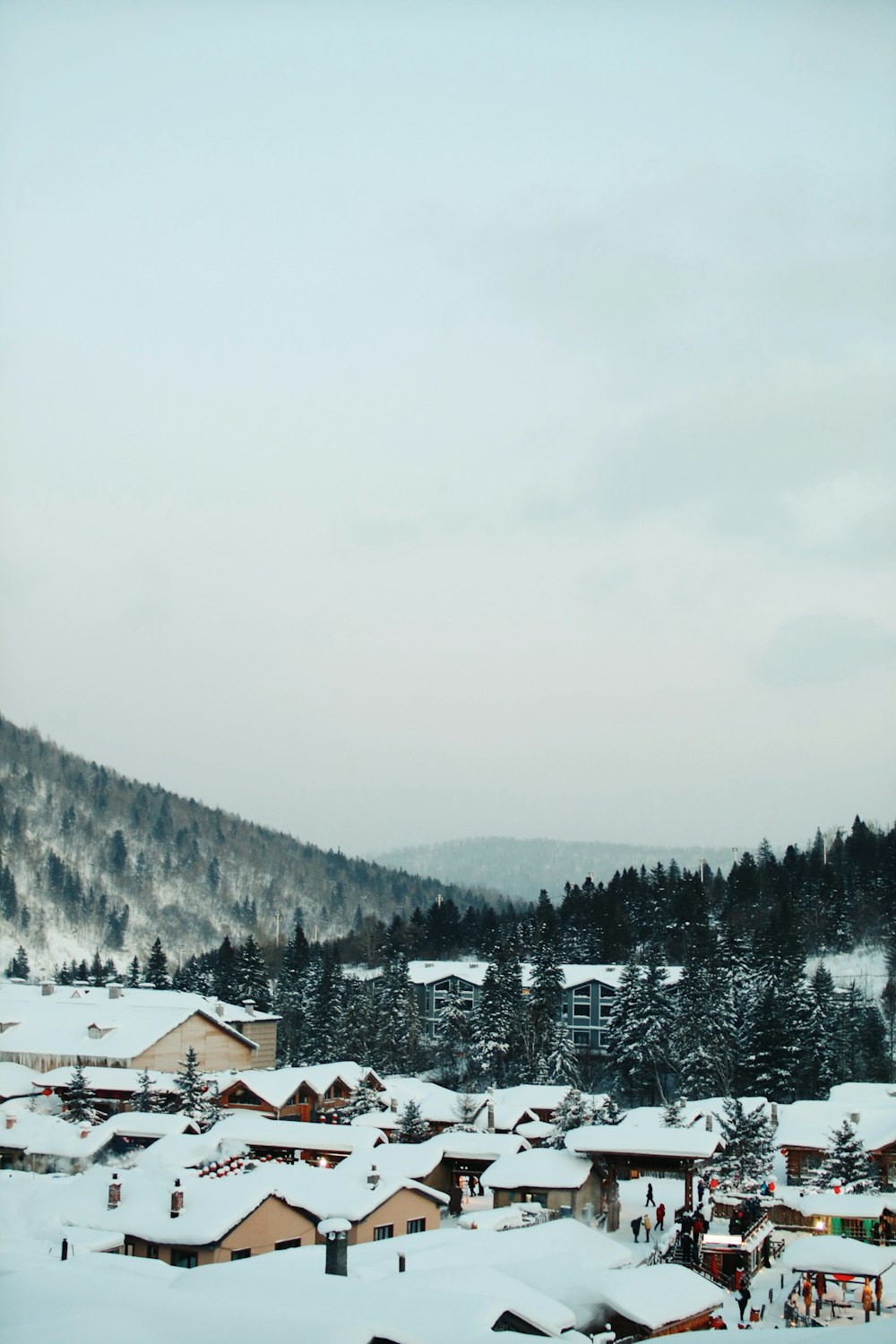 photo of brown houses covered with snow during winter