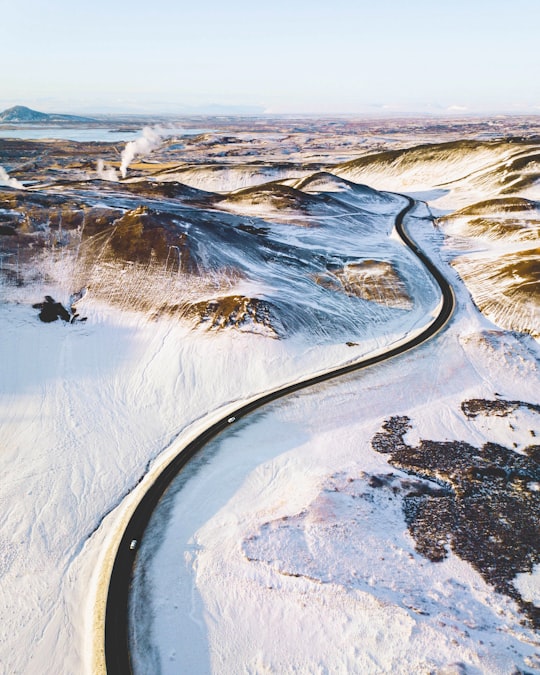 bird's eye photography of road near mountains in Mývatn Iceland