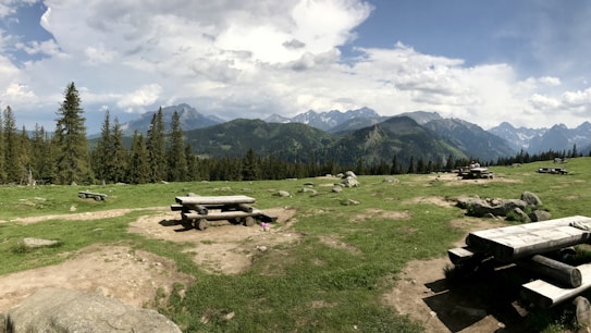 A scenic mountain landscape featuring a wide expanse of green grass interspersed with several wooden picnic tables and benches. Tall pine trees line the background, with a majestic range of mountains under a sky filled with both clouds and patches of clear blue.