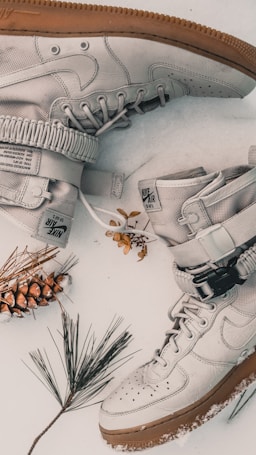 A pair of light-colored, high-top sneakers with a rugged design, featuring a recognizable Nike logo. The shoes have a textured sole and are surrounded by natural elements including pine cones, pine needles, and a frosty ground.