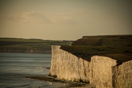 A dramatic coastal landscape with towering white chalk cliffs overlooking the ocean. The top of the cliffs is covered in greenery, and a few small figures are visible standing near the edge, suggesting they are people taking in the view. The sea below appears calm, and the sky is overcast with soft, diffused lighting creating a serene and contemplative atmosphere.