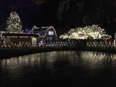 A festive atmosphere with lights and joyful crowds.
