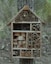 A wooden insect house is attached to a tree trunk. The house is divided into various compartments filled with natural materials like bamboo tubes, wooden blocks, and twigs, offering a habitat for insects. The background consists of a blurred forest with trees and greenery.