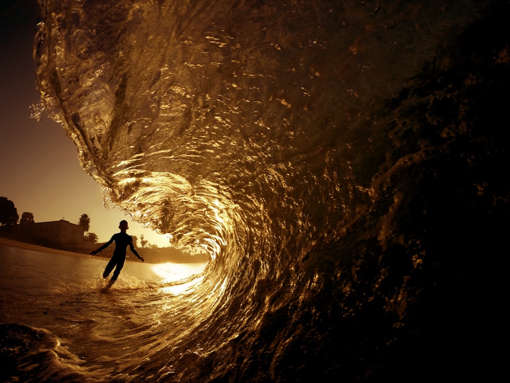 silhouette of person running towards seawave during golden hour