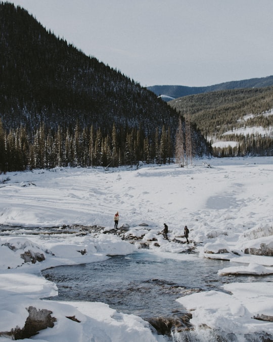 three people standing on snow near body of water during daytim in Elbow Falls Canada