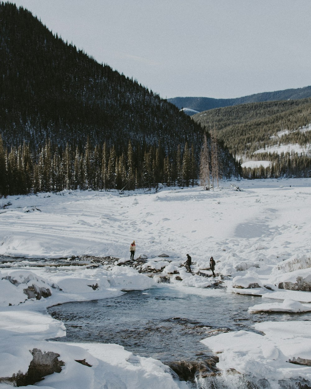 three people standing on snow near body of water during daytim