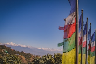 Vibrant prayer flags flutter in the wind against a clear blue sky. Snow-capped mountains dominate the distant horizon, with lush greenery and scattered buildings in the mid-ground.
