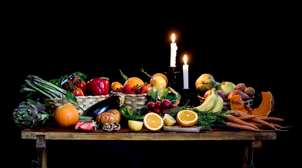 assorted fruit lot on brown wooden table