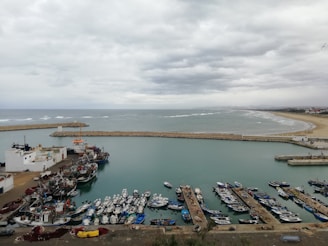 A coastal harbor scene with numerous boats docked along a series of piers. In the foreground, several colorful fishing vessels are moored, with a small white building nearby. The ocean extends into the background, bordered by a sandy beach and a curved jetty. The sky is overcast with dense clouds, and a few birds are visible flying above the water.