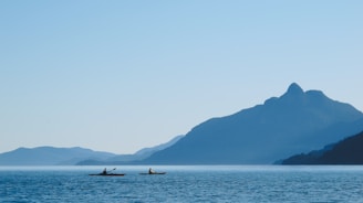 Kayakers paddling through calm blue waters with the Andes mountains in the background under a clear sky
