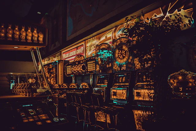 Barisan mesin arcade dan slot berwarna-warni