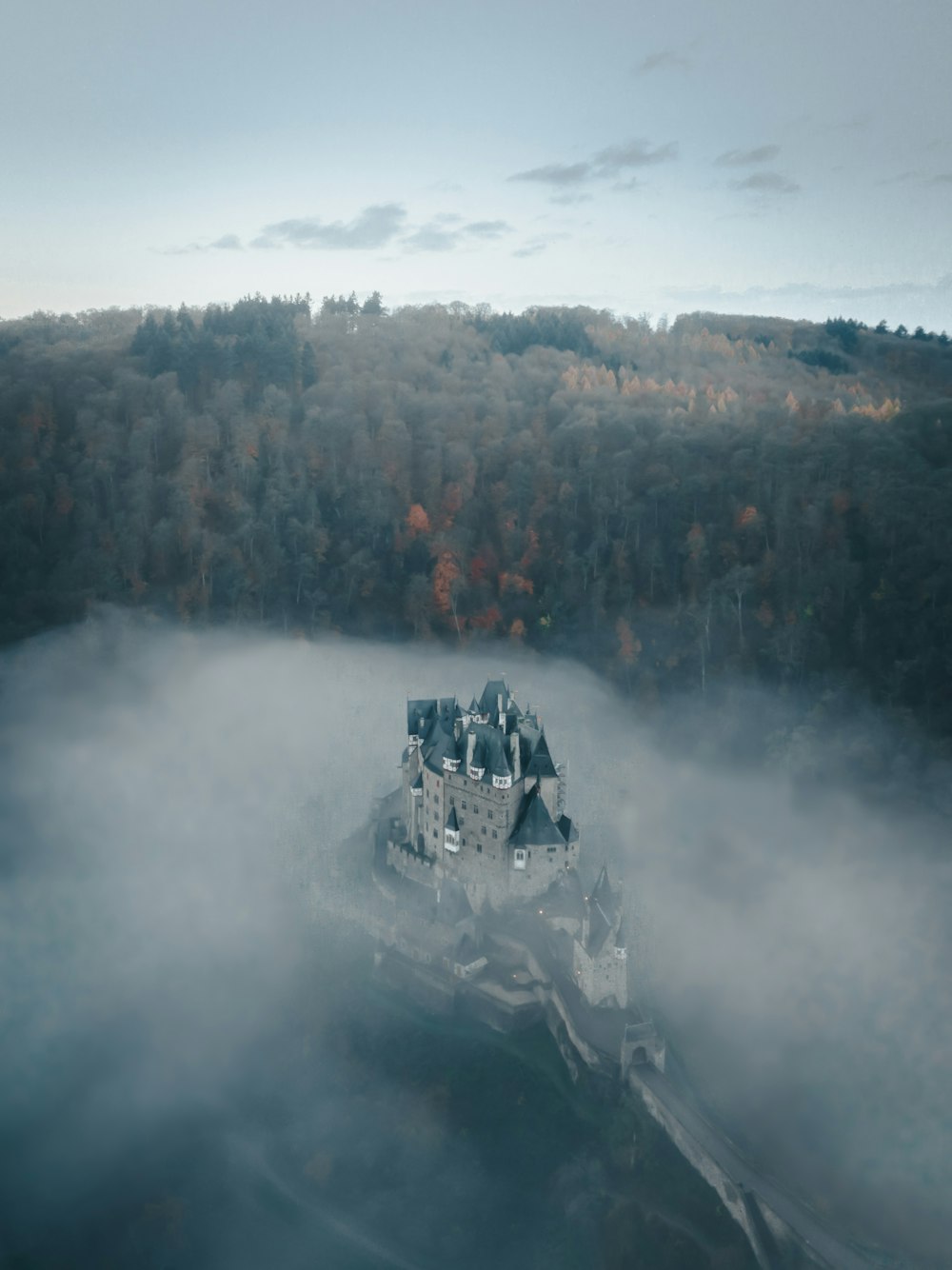 Castillo gris rodeado de niebla y árboles