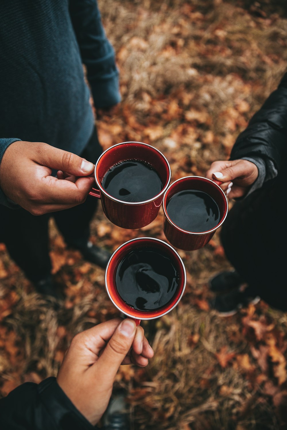 three person holding mugs while cheers