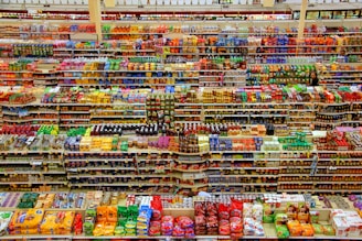 high-angle photography of grocery display gondola