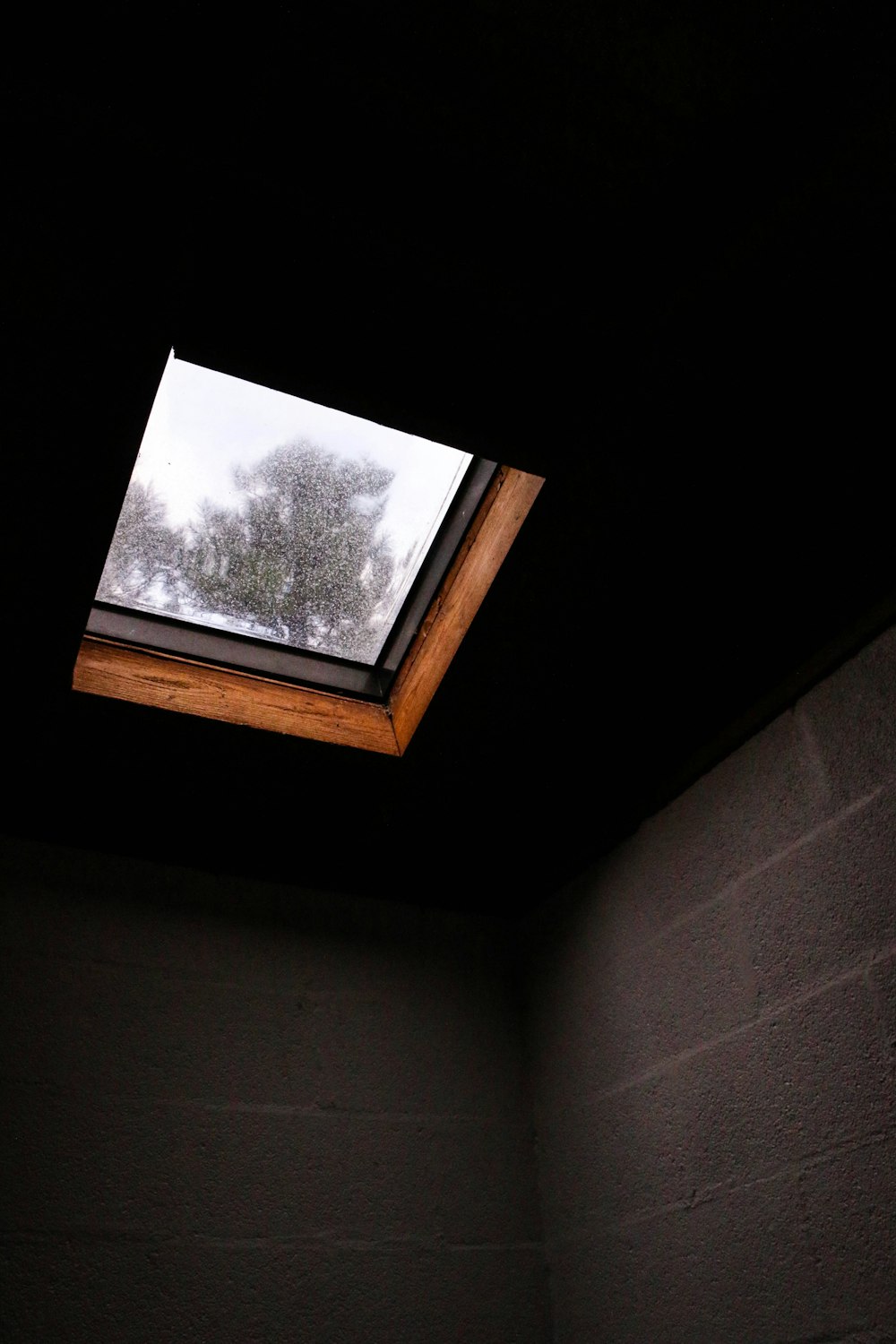 brown concrete wall under roof window inside room