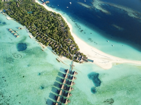aerial shot of nipa huts on body of water near island