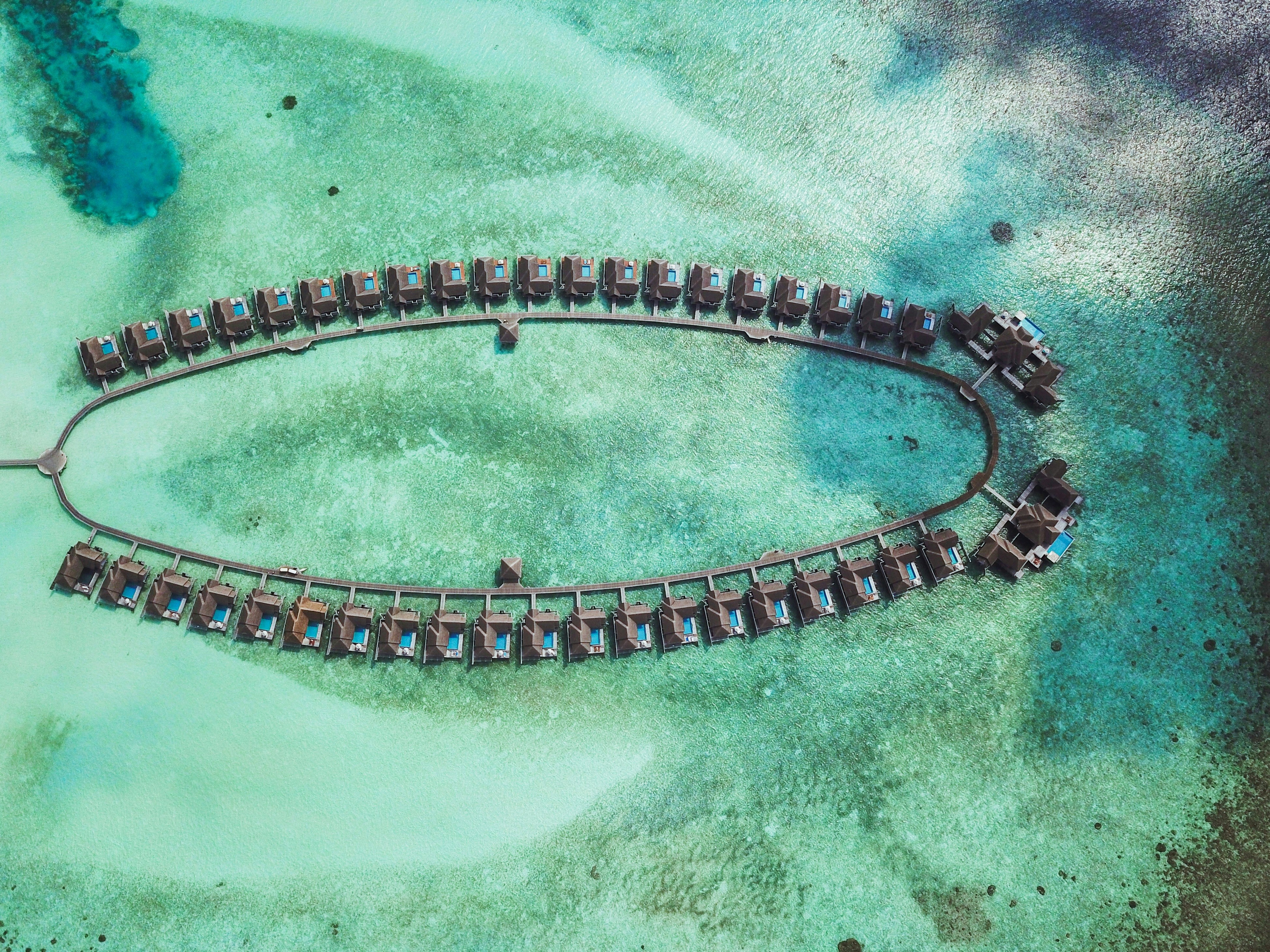aerial view of cottages on body of water
