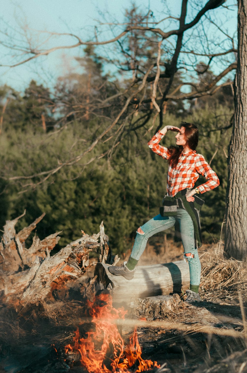 Donna che domina la vista vicino all'albero alto grigio durante il giorno