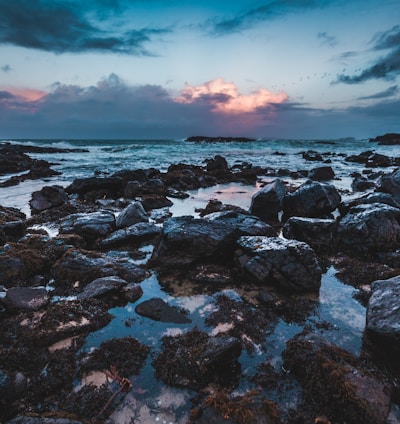 brown rocks near body of water under white and gray sky