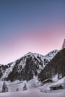 Snow-covered mountains under a twilight sky with hints of pink are complemented by a scattering of trees on the slopes. A cozy wooden cabin sits at the base of the mountain, surrounded by snow, with a few trees dotting the landscape in the foreground.