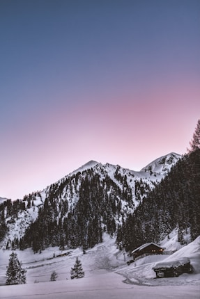 Snow-covered mountains under a twilight sky with hints of pink are complemented by a scattering of trees on the slopes. A cozy wooden cabin sits at the base of the mountain, surrounded by snow, with a few trees dotting the landscape in the foreground.