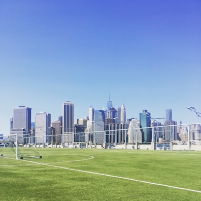 A panoramic view of a city skyline with a soccer field.