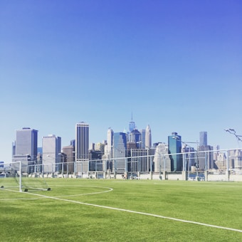 A green soccer field with white lines is in the foreground, set against a skyline of tall, modern skyscrapers. The sky is clear and blue, creating a vibrant contrast with the lush green of the field.