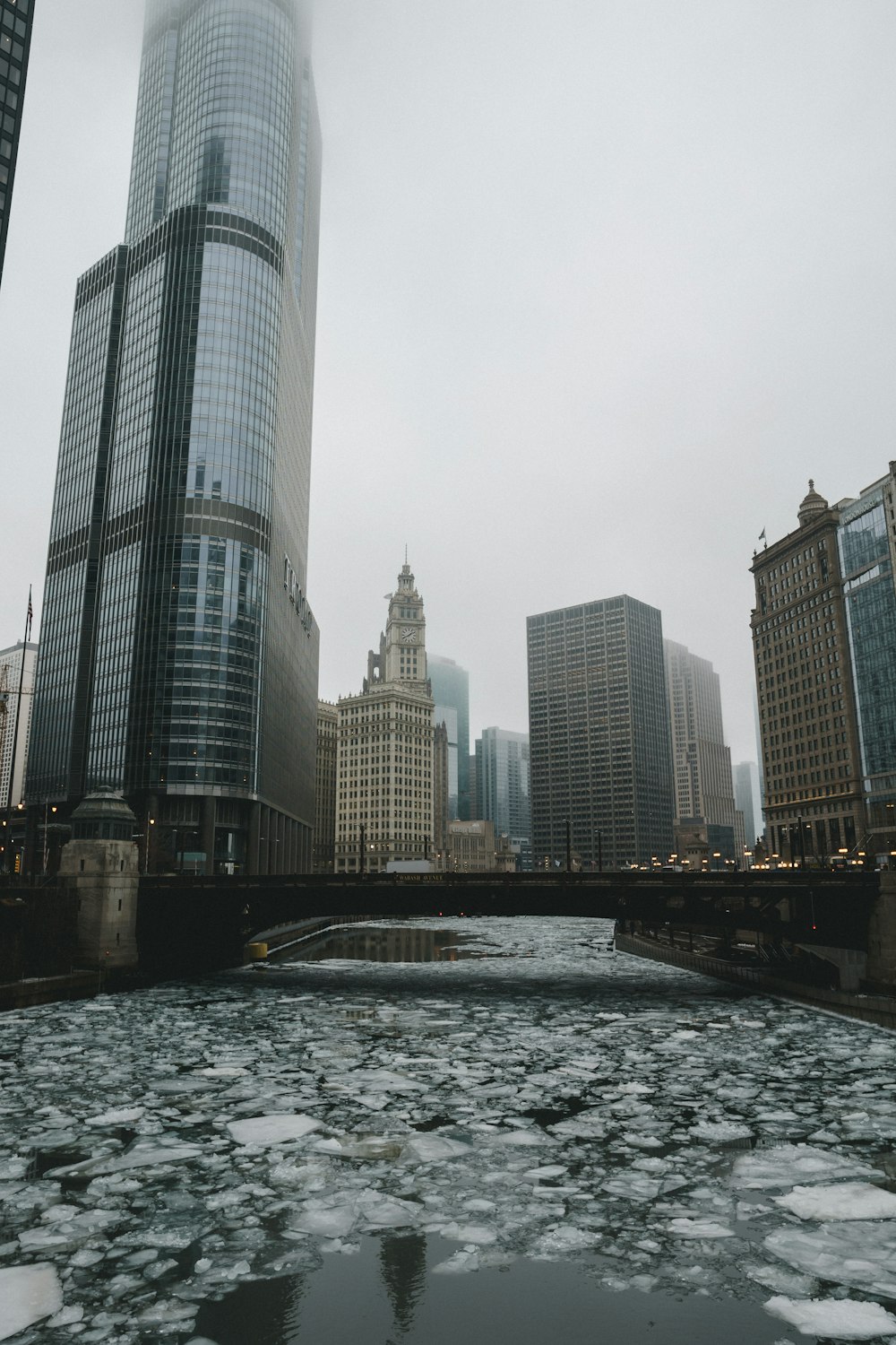 frozen river under bridge photo during foggy daytime