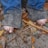 Bare feet covered in dirt and sand are partially visible under frayed blue jeans. The ground is scattered with dried leaves and twigs.
