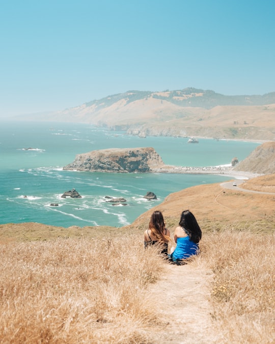 two women sitting on brown grass facing mountain and sea water in Goat Rock Beach United States