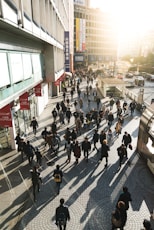 aerial photography of people walking on sidewalk near building during daytime