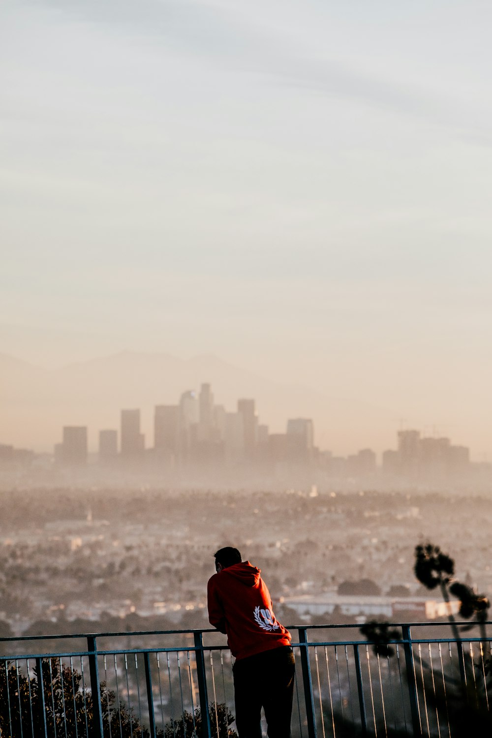 person in red hoodie leaning on rail facing city at daytime