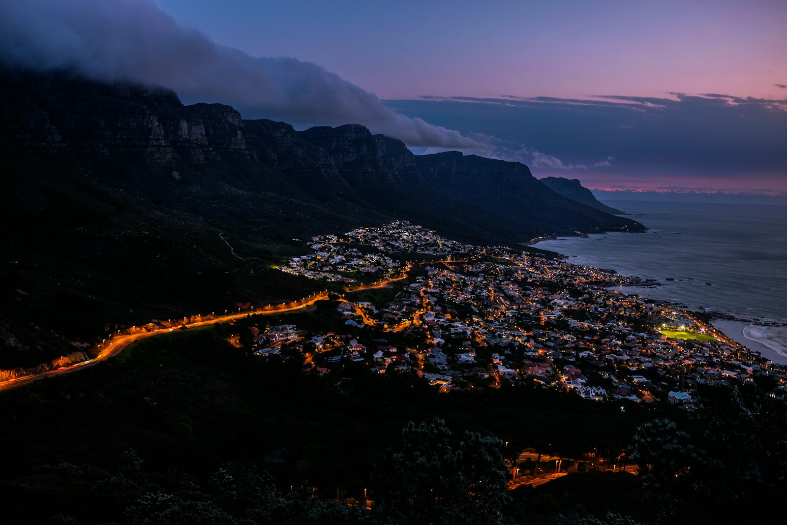 Cape Town coastline and Table Mountain at sunset
