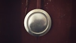 A silver metallic plate is attached to a dark brown surface, possibly a wooden door or wall. The plate is slightly tarnished, adding a rustic feel to the setting.