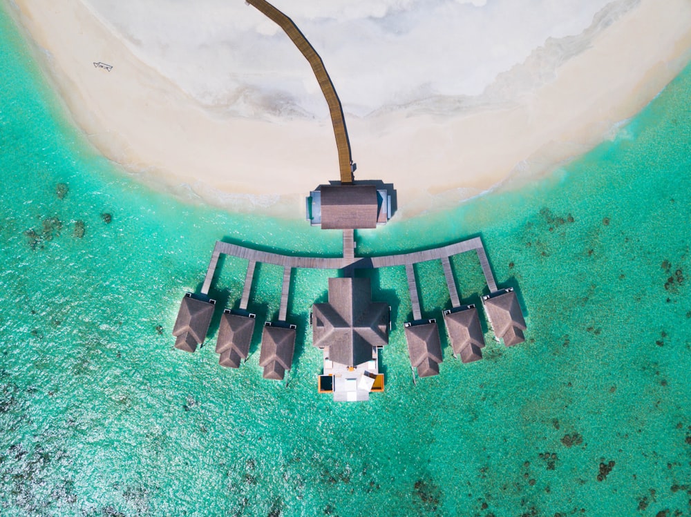 aerial view of cabanas on beach