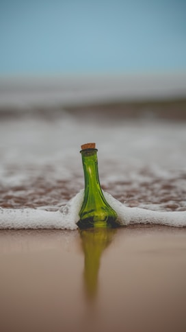 green glass bottle with cork lid on shore