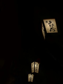 Several illuminated lanterns featuring Japanese calligraphy and an illustration of a face against a dark background, creating a contrast that highlights the warm glow of the lanterns.