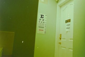 A white door with a sign reading 'STAFF ONLY' partially open next to an eye chart poster mounted on the wall. The room has a visible yellowish-green hue. The eye chart has large letters starting with 'E' at the top, diminishing in size.